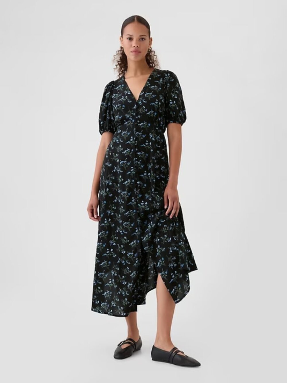 GAP Black Floral V-Neck Button-Front Midi Dress Size Petite Large